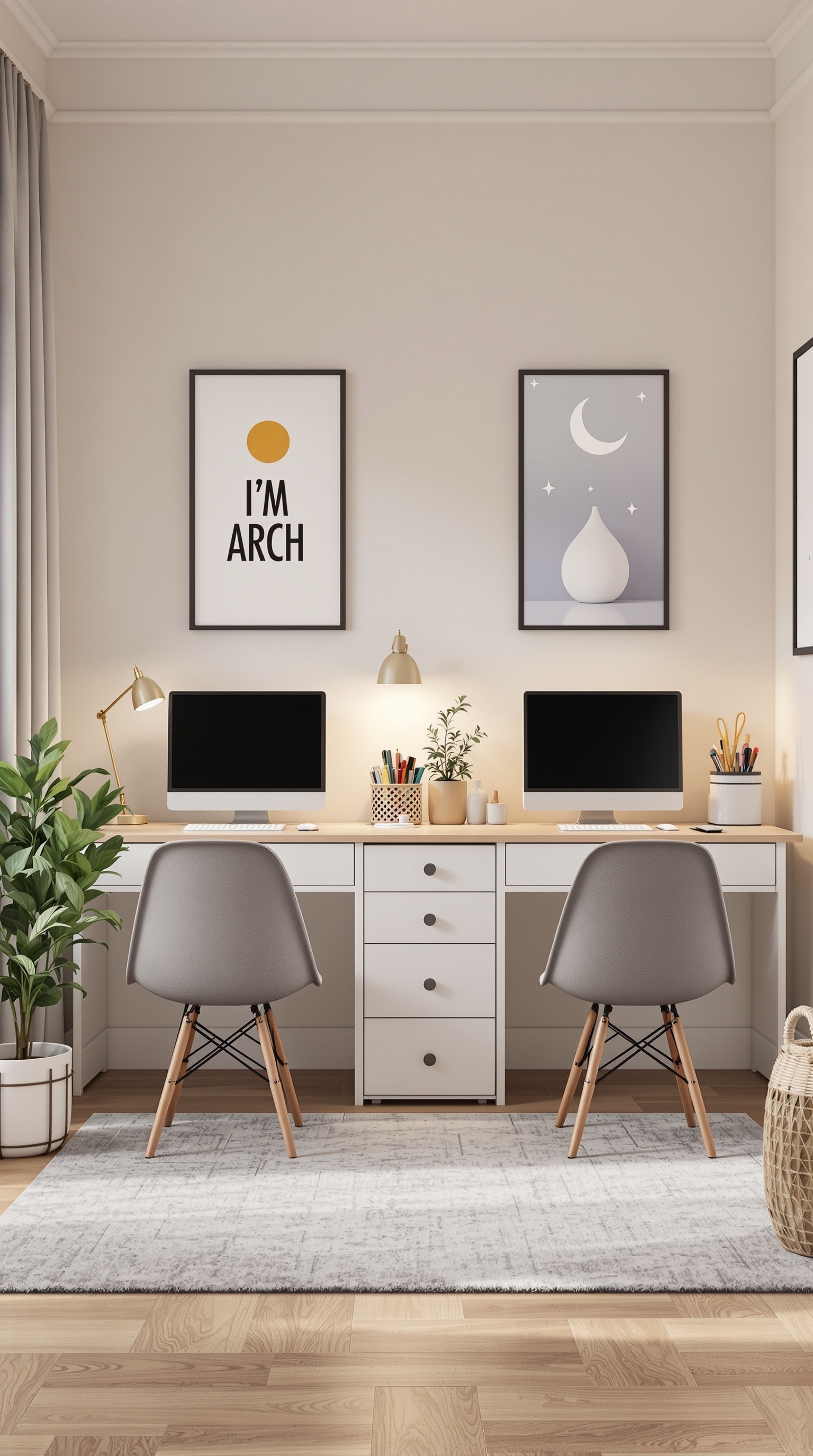 A shared kids bedroom featuring two study spaces with desks, computers, and decorative elements.