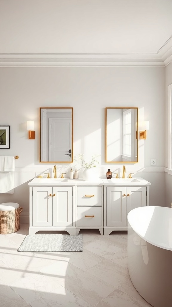 A modern bathroom featuring a dual vanity with white cabinetry and gold fixtures.