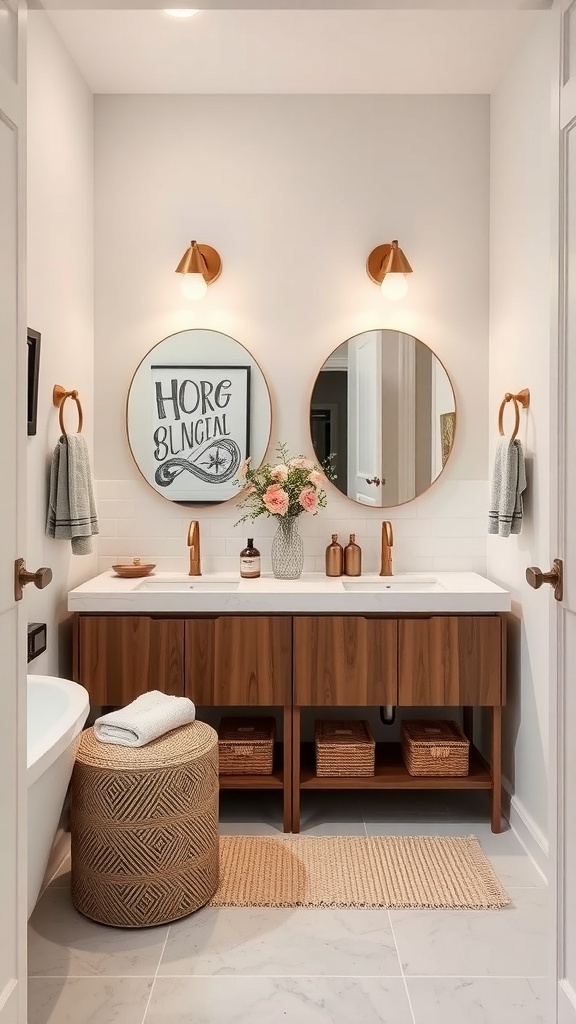 A stylish dual vanity bathroom featuring wooden cabinetry, round mirrors, decorative accents, and a flower arrangement.