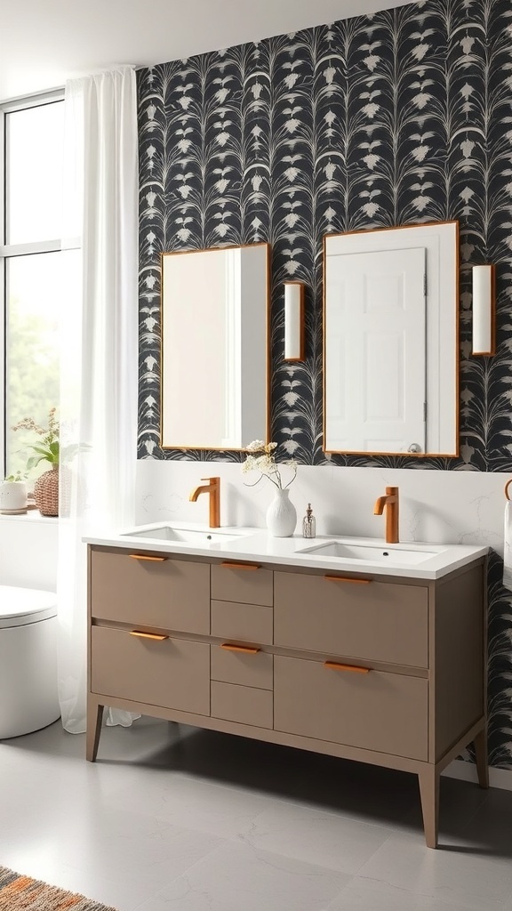 A modern dual vanity bathroom featuring bold floral wallpaper, stylish faucets, and ample storage.