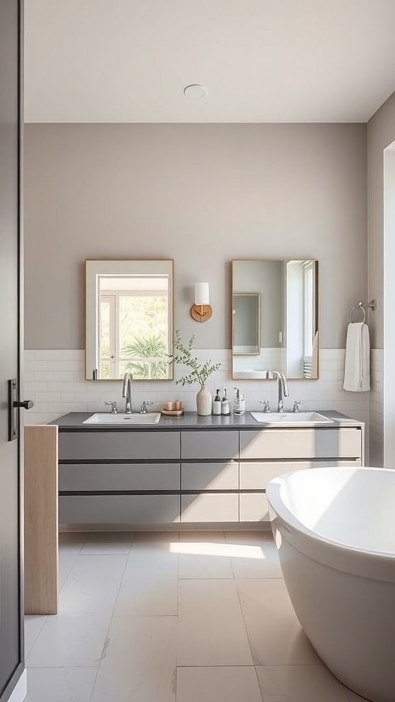 Modern dual vanity bathroom with integrated technology