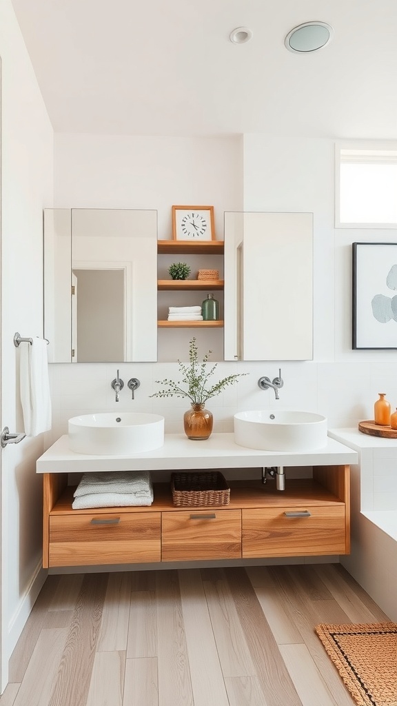 A modern dual vanity bathroom featuring two circular sinks, open shelving with towels, and a natural wood finish.