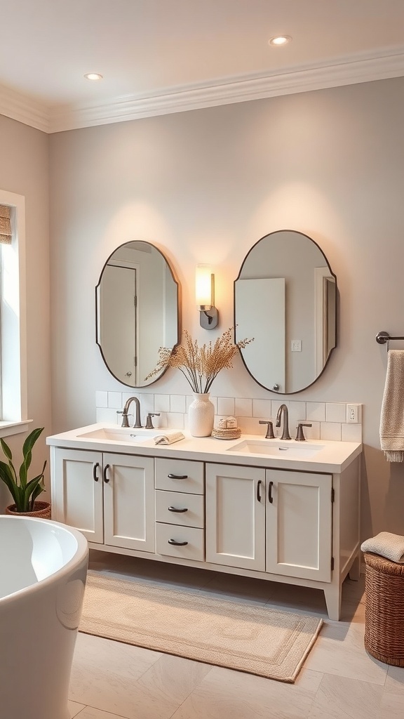 A dual vanity bathroom featuring statement lighting and a decorative vase.