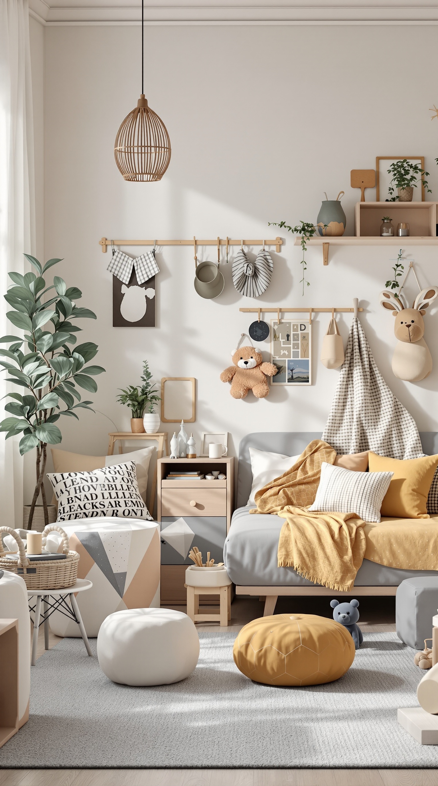 A stylish kids' room featuring durable and safe materials, with cozy furniture and playful decor.
