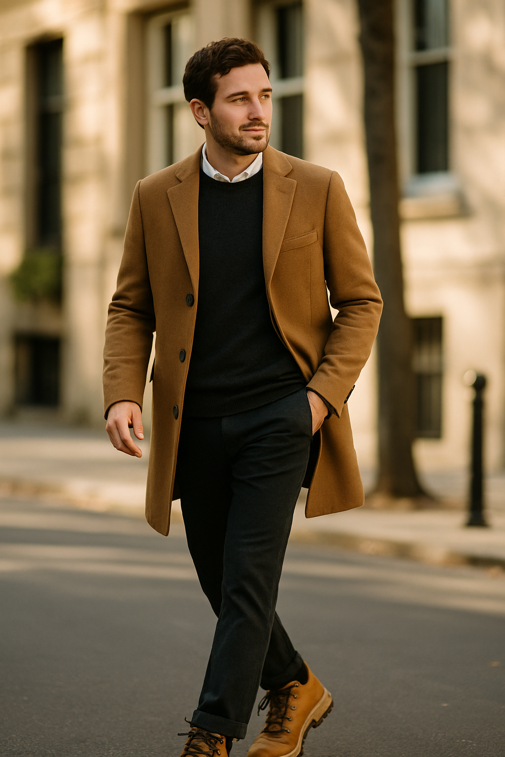 A man walking in a stylish winter outfit with durable brown snow sneakers.