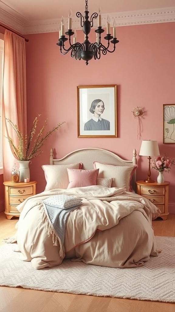 Cozy bedroom with dusty rose walls, elegant chandelier, and soft bedding.