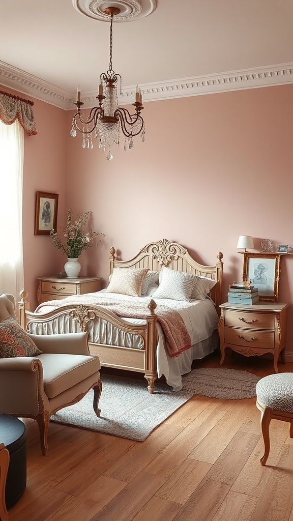 A vintage-style bedroom featuring dusty rose walls, elegant furniture, and soft textiles.