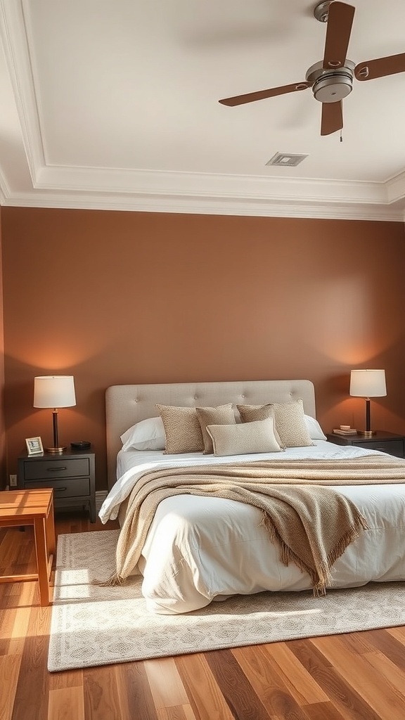 A cozy bedroom featuring earthy brown walls, a comfortable bed with light bedding, and wooden furniture.