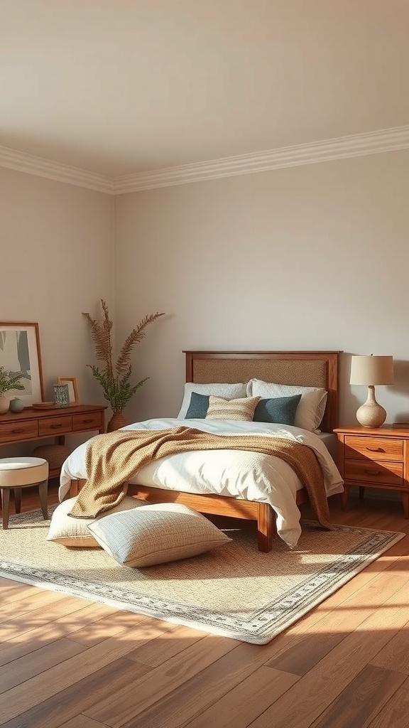 A calming bedroom with earthy brown tones, featuring a wooden bed, soft textiles, and natural light.