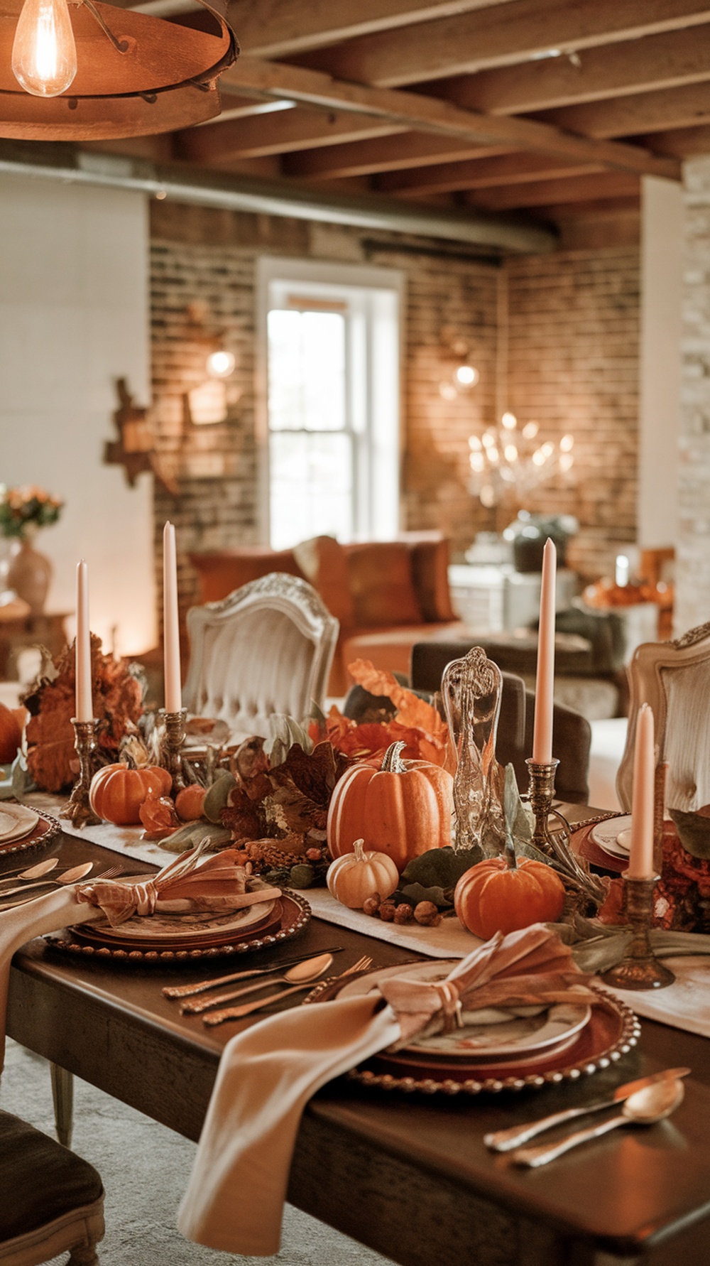 A rustic Thanksgiving table setting with pumpkins, leaves, and candles.