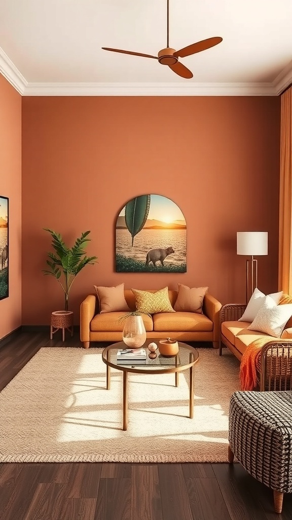 Cozy living room with earthy tones, featuring terracotta walls, orange sofa, and natural textures.