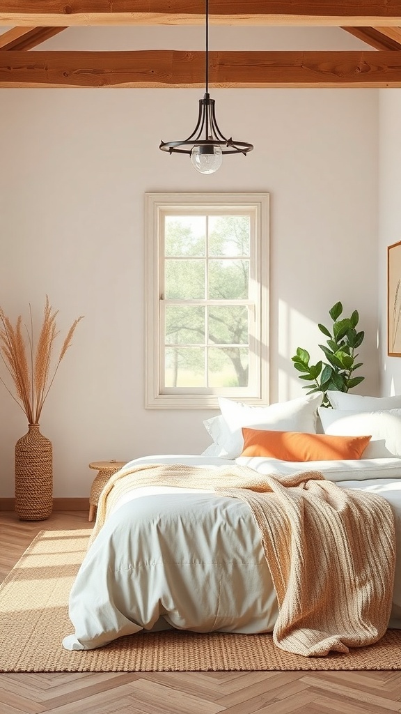 Cozy bedroom with earthy color palette featuring light bedding, orange accents, and natural decor elements.