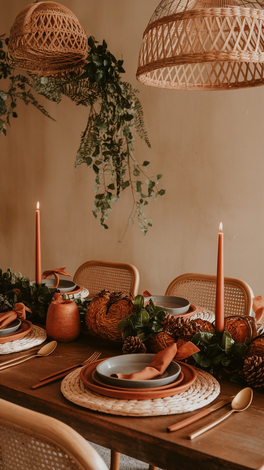 A boho Thanksgiving table setting featuring earthy colors, terracotta dishes, greenery, and candles.