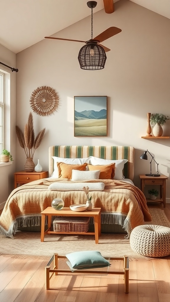 A boho farmhouse bedroom featuring an earthy color palette with warm tones, natural materials, and cozy textures.