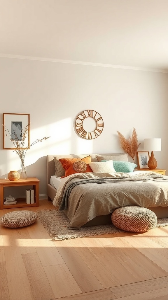 A cozy boho bedroom featuring an earthy color palette with soft browns, greens, and oranges.