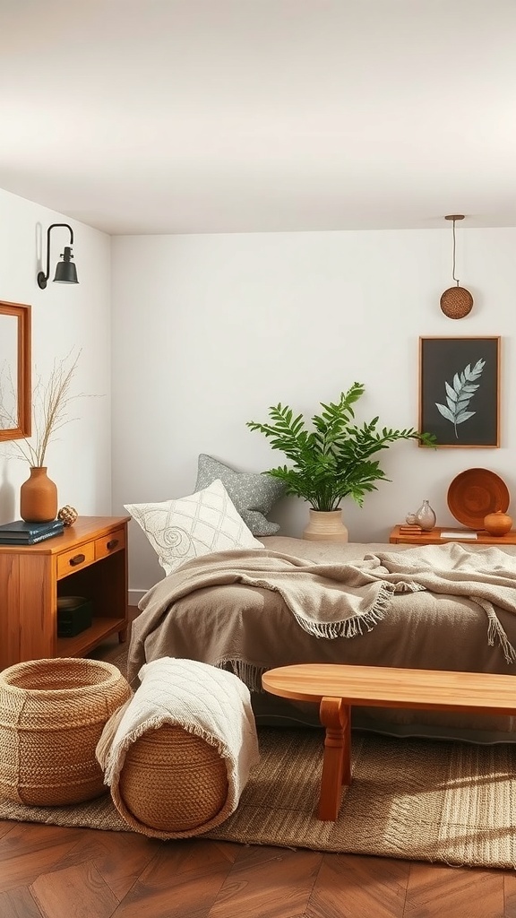 A rustic romantic bedroom featuring an earthy color palette with wooden furniture, neutral textiles, and plants.