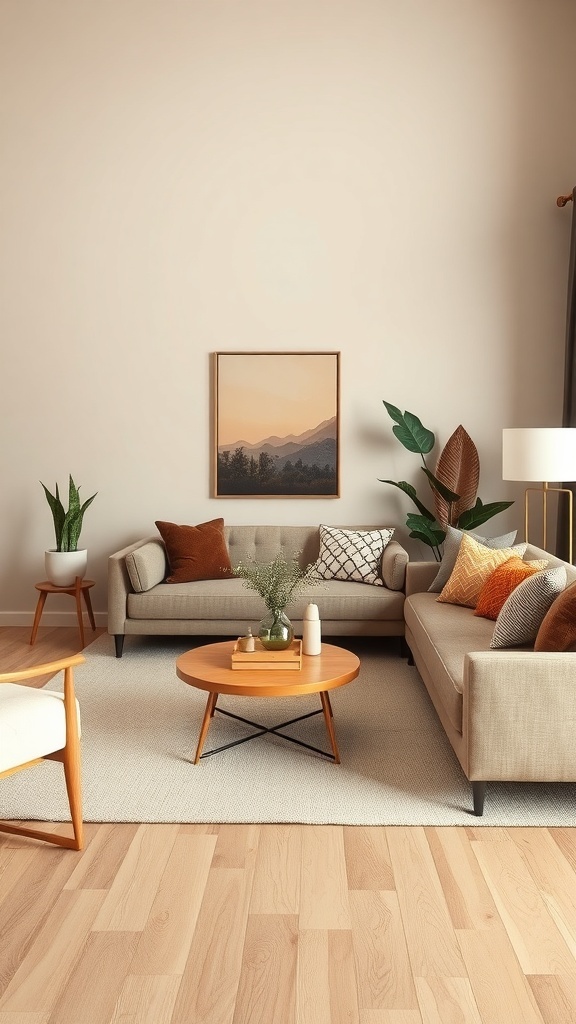 A modern rustic living room featuring earthy colors, beige sofas, and plants.