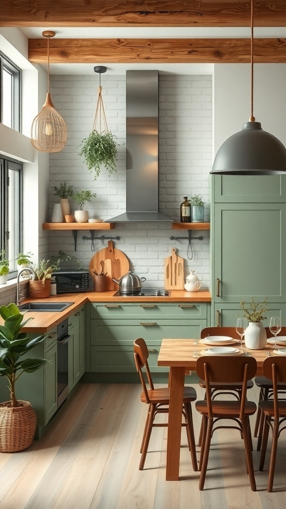 A modern rustic kitchen featuring earthy colors, green cabinetry, wooden countertops, and plants.
