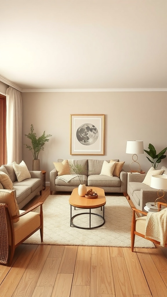 A rustic French country living room with an earthy color palette featuring beige and gray sofas, wooden furniture, and natural decor.
