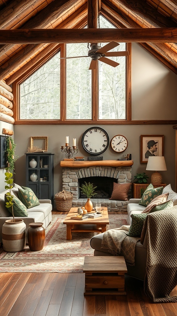 Cozy rustic cabin living room with earthy color palette and wooden elements