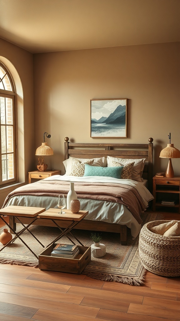 A rustic bedroom featuring an earthy color palette with beige walls, wooden furniture, and teal accents.