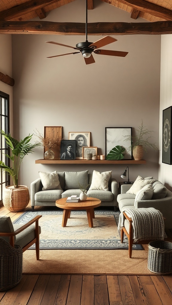 A rustic living room featuring earthy colors, wooden beams, gray sofas, and natural decor elements.