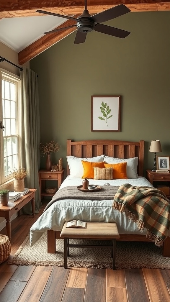 A rustic farmhouse bedroom featuring earthy tones with a green wall, wooden furniture, and colorful accents.