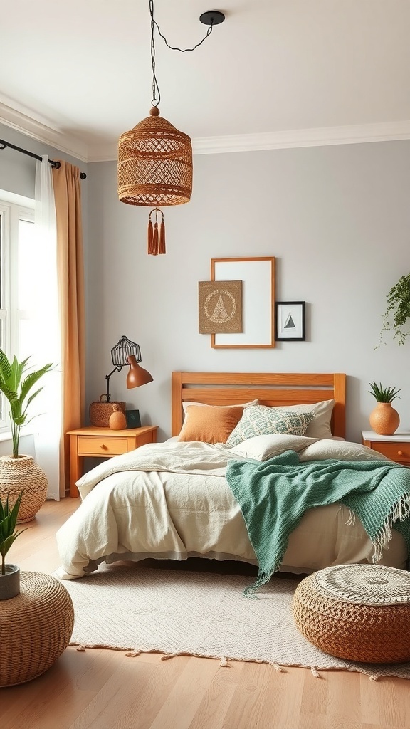 A cozy boho teen bedroom featuring earthy colors, wooden furniture, and plants.