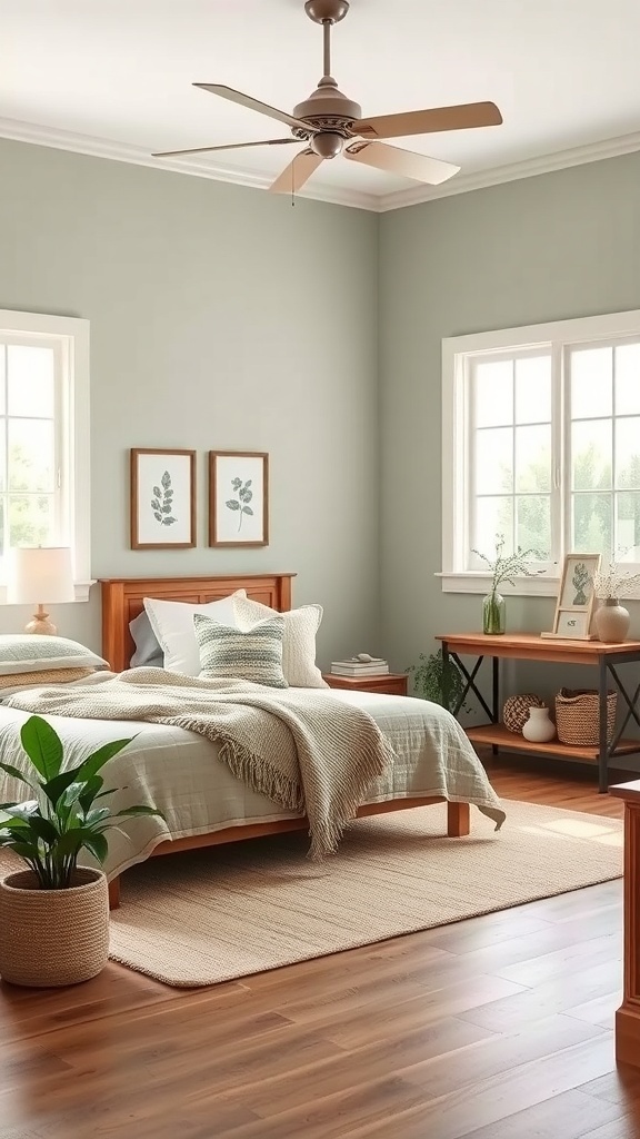 A serene farmhouse bedroom with earthy green walls, wooden furniture, and cozy bedding.