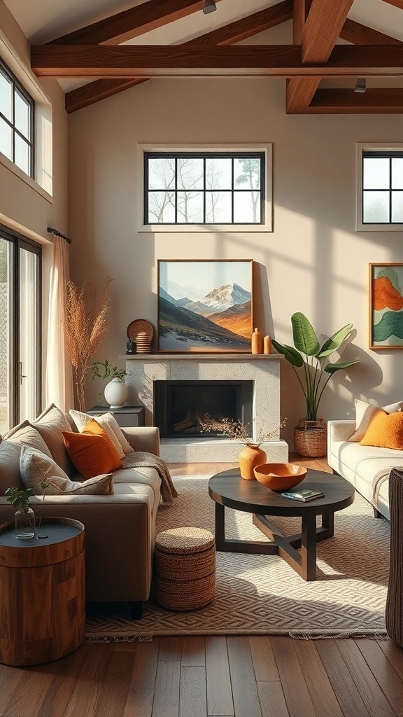 A cozy living room featuring earthy color palettes with wooden beams, soft furnishings, and plants.
