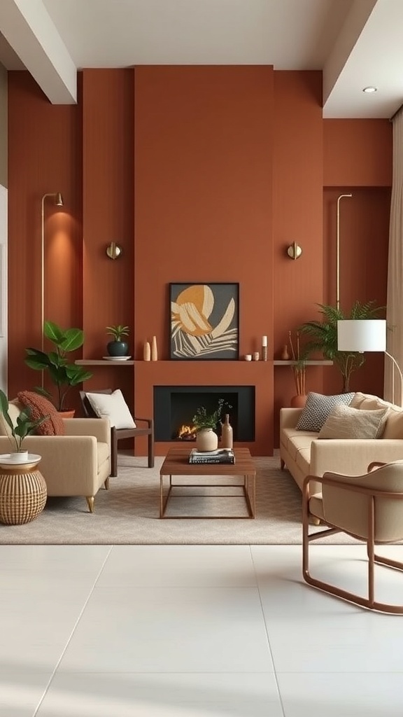 Cozy contemporary living room with earthy color palette featuring terracotta walls and beige furniture.