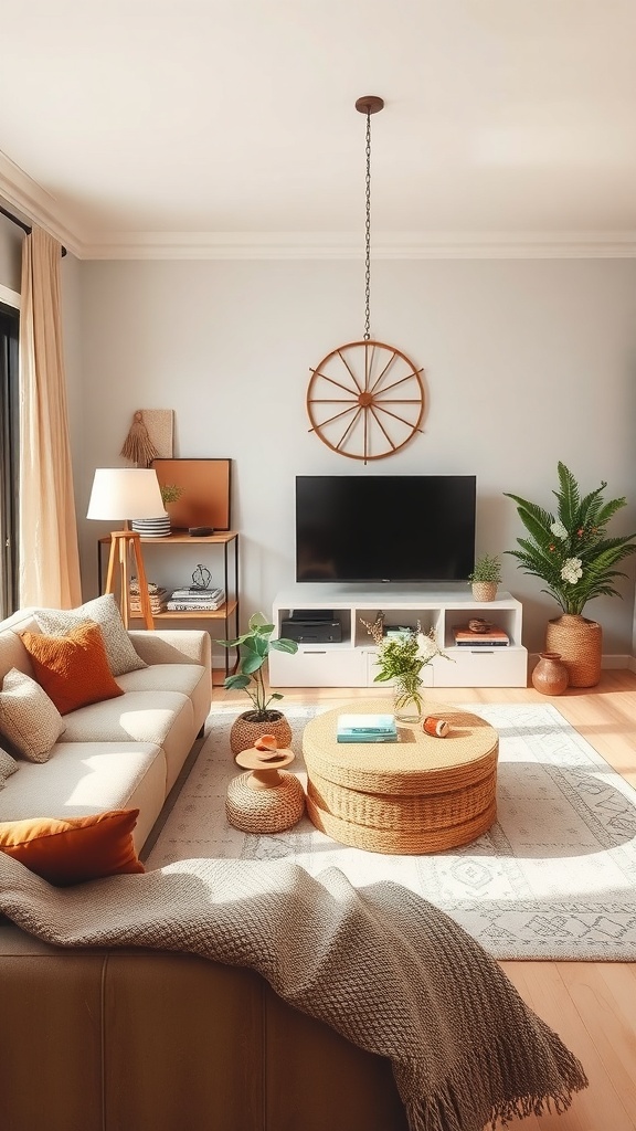Cozy living room with earthy color palette, featuring a beige sofa, terracotta cushions, and green plants.