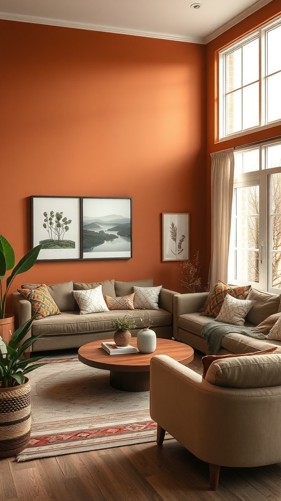 A cozy boho living room featuring earthy color palettes with terracotta walls, beige furniture, and natural decor.