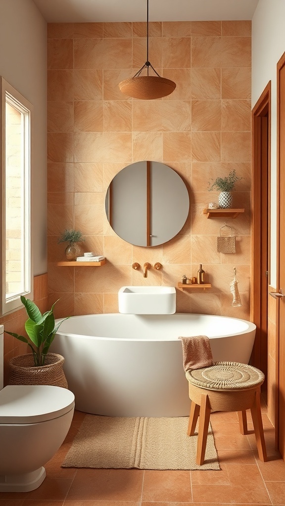 A rustic bathroom featuring earthy tones, a white bathtub, wooden accents, and plants.
