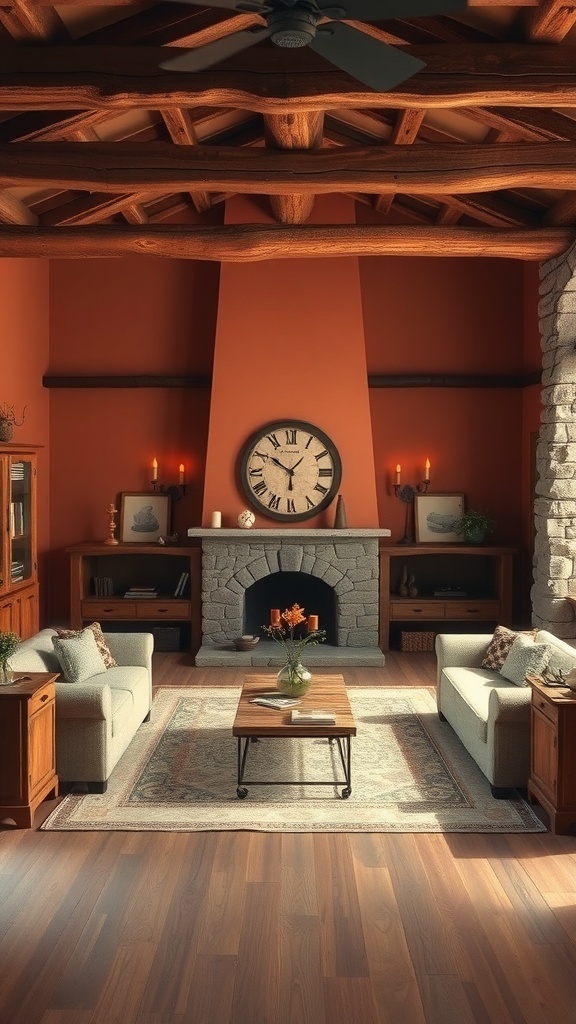 A cozy living room featuring earthy color palettes with terracotta walls, wooden beams, and a stone fireplace.