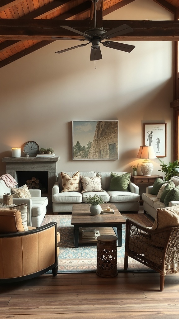 A rustic farmhouse living room with earthy color palettes, featuring light sofas, wooden beams, and greenery.