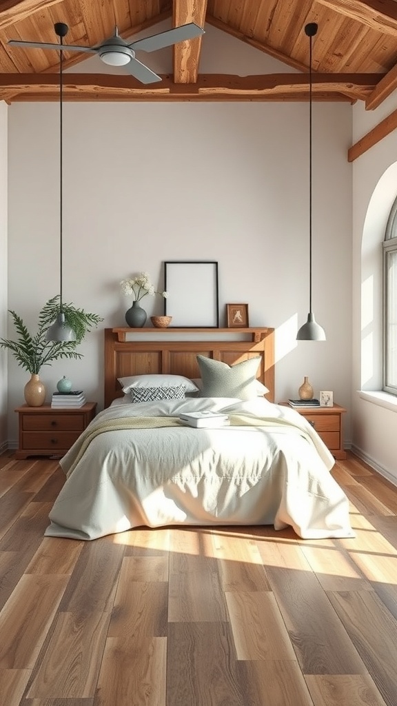 A rustic farmhouse bedroom with wooden flooring, a bed with light bedding, and natural light coming through the window.