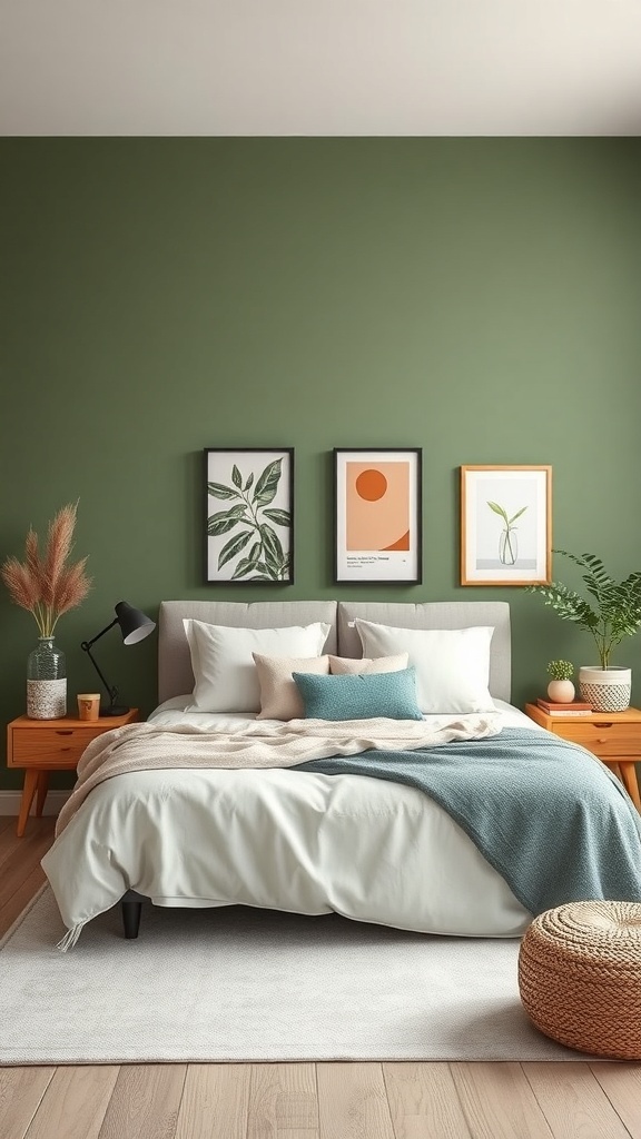 Cozy bedroom with earthy green walls, wooden furniture, and soft bedding