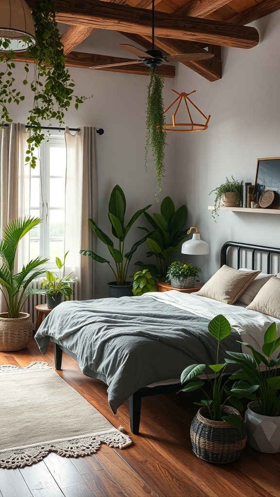 A rustic farmhouse bedroom featuring various indoor plants, a cozy bed, and wooden accents.