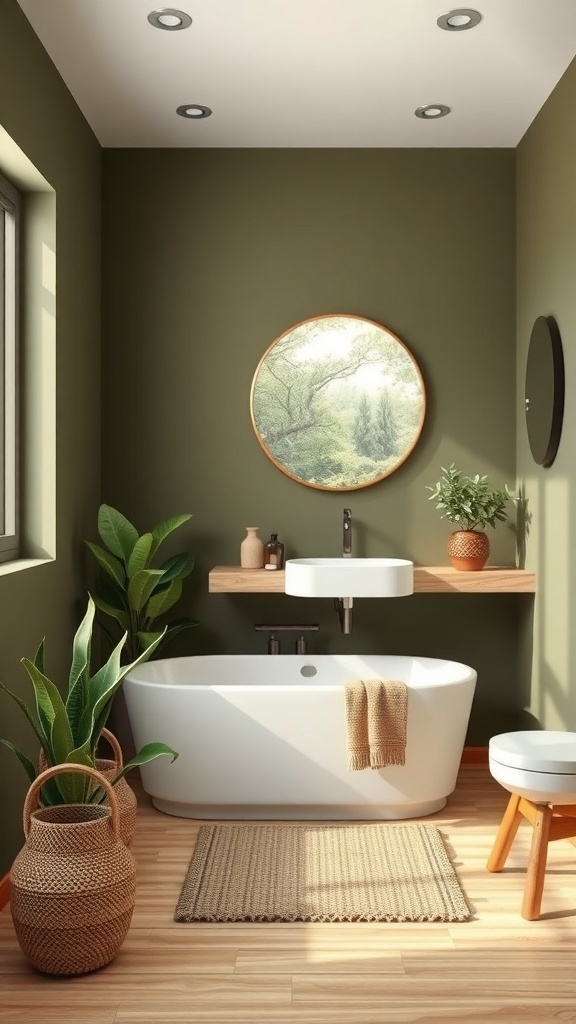 Bathroom featuring earthy olive green walls, white bathtub, and natural decor.