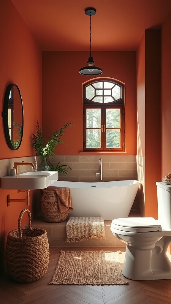 A cozy bathroom featuring earthy terracotta tones on the walls, a white bathtub, and natural elements like plants and woven baskets.