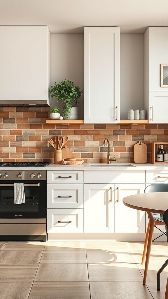 A warm neutral kitchen featuring an earthy tile backsplash with brown and tan tiles, white cabinets, and wooden shelves.