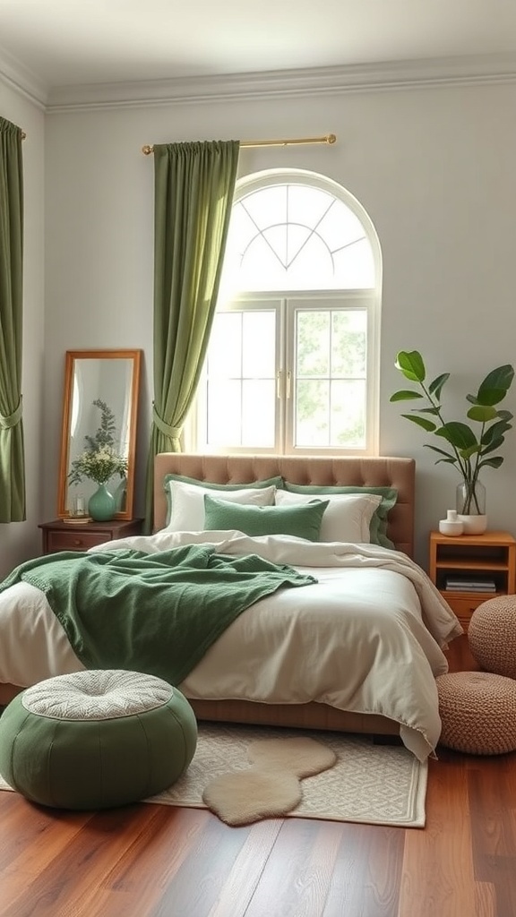 A cozy bedroom featuring earthy tones and green accents, with a bed, plants, and natural light.