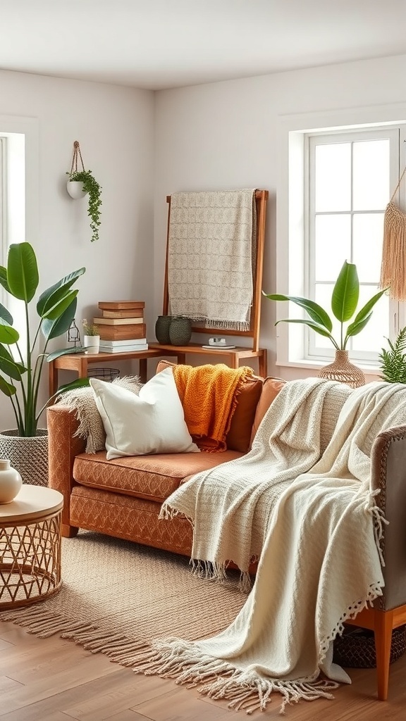 Cozy living room with earthy tones, featuring blankets, plants, and a comfortable couch.