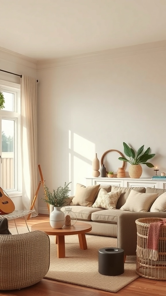 A cozy living room with earthy tones, featuring a beige sofa, wooden furniture, and plants.