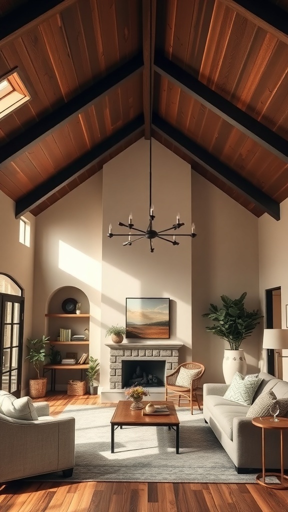 Living room with vaulted ceiling painted in earthy tones, featuring wooden beams and cozy furniture.