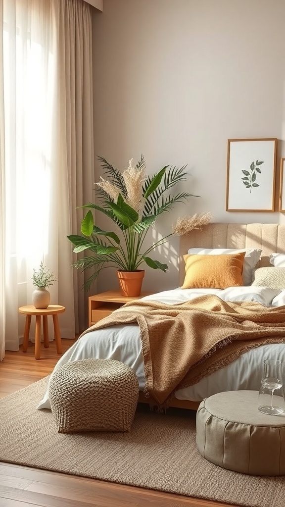 A neutral bedroom featuring earthy tones, cozy bedding, and plants.