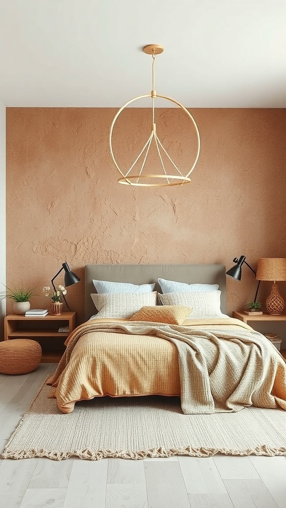 A cozy bedroom with a textured brown wall, soft bedding, and modern lighting.
