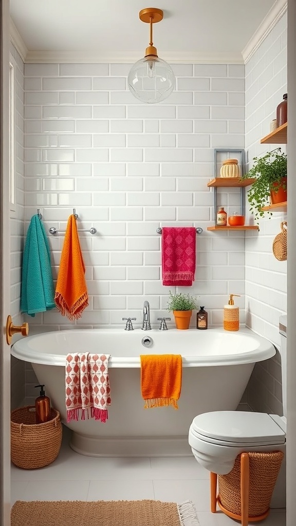A bright and colorful bathroom with eclectic accessories, featuring vibrant towels, open shelving, and a stylish light fixture.