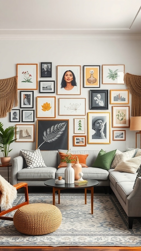 Eclectic art display on a wall in a cozy boho living room, featuring various framed artworks and plants.